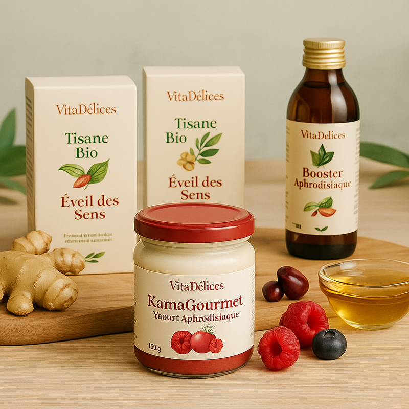 VitaDelices products including Tisane Bio boxes, KamaGourmet jar, and Booster Aphrodisiaque bottle on a wooden surface with fruits.